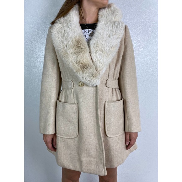vintage 70s Beige RABBIT FUR Collar COAT Large wool winter coat real rabbit fur - Picture 4 of 10